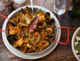 Seafood paella in a bowl